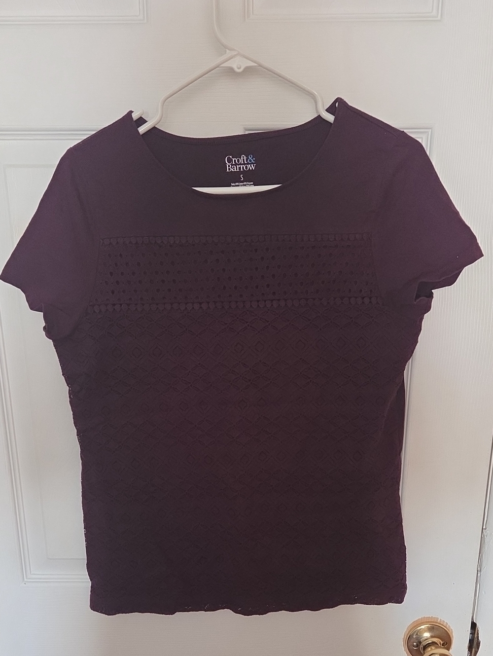 croft & barrow Women's Short Sleeve Lace-Front Top - Plum